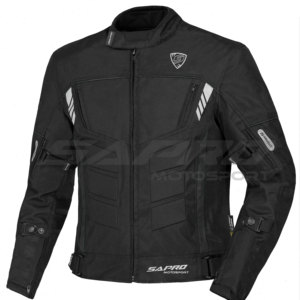 Blouson de moto unisexe noir SAPRO, manches longues, coupe-vent, logo imprimé sur le devant, toutes saisons, imperméable et respirant - Product Image 1
