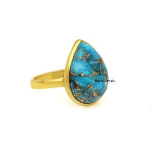 Anillo de bisel de eternidad de Plata de Ley 925 10x14mm pera azul cobre turquesa piedra preciosa Vermeil joyería Natural regalo fino para mujeres - Product Image 1