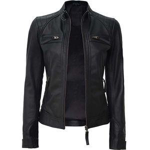 Chaqueta de Cuero OEM, Chaqueta de Motociclista Ajustada de Cuero Auténtico, Chaquetas de Cuero Personalizables, Chaquetas de Cuero Suave para Mujer Otoño Invierno, Venta al por Mayor - Product Image 3