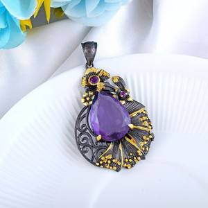 สร้อยคออเมทิสต์สีม่วงลูกแพร์สำหรับผู้หญิงจี้เงินสเตอร์ลิง925สีดำโรเดียมชุบทองของขวัญวันเกิด - Product Image 4