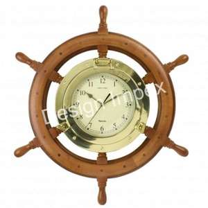 Reloj de latón con rueda de barco de madera de calidad superior, reloj náutico antiguo de lujo decorado con interiores al por mayor, precio razonable - Product Image 1