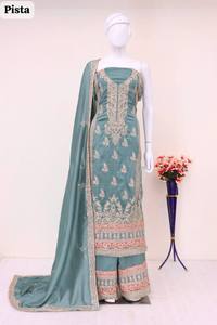 Haute qualité indien pakistanais ethnique Salwar ensemble haut-bas Dupatta travail manuel lourd broderie coton matériel costume - Product Image 6