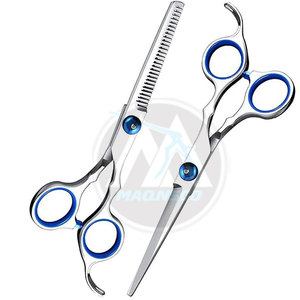 Ensemble de ciseaux professionnels pour la coupe de cheveux, ciseaux de barbier et de dégradage, acier inoxydable avec inserts de poignée bleus par MAQNSCO - Product Image 1