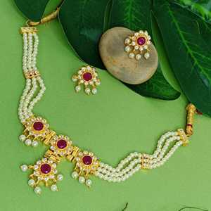 Indian Jewelry Set CZ Cubic Zirconia Faux Pearl Multi Layered Strand Beaded Choker Necklace <b>Earrings</b> Jewelry Set - Product Image 2