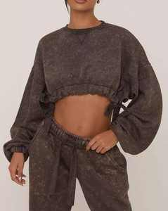 ชุดเซ็ตวอร์มผู้ชาย 2 ชิ้นสำหรับฤดูหนาวจากผู้ผลิตตามสั่ง เสื้อฮู้ดครอปแบบดิสเทรส กางเกงวอร์มสีพื้น ผ้าฝ้าย 100% - Product Image 2