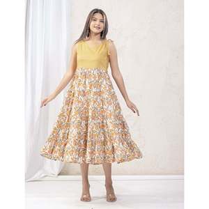 Vestido de algodón estampado Jaal blanco y amarillo con tirantes, diseño personalizado, elegante, casual, largo hasta el suelo, transpirable, ODM para el día a día - Product Image 4