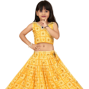 Shoryam Fashion Bandhani Lehenga Choli Jaune pour Filles |   Tenue de fête traditionnelle ethnique pour enfants, longue, séchage rapide, coupe classique - Product Image 1