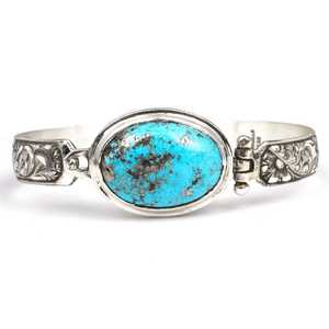 Unisex 925 Sterling <b>Silver</b> Fine <b>Charm</b> <b>Bracelet</b> with Flower-Shaped Oval Turquoise Stone in Bezel Setting Everyday Wear 36.82g - Product Image 2