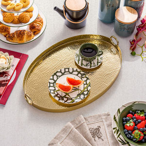 Home Decoration And Kitchen Food Storage And Serving <b>Tray</b> Oval Shape Hammered Metal Serving <b>Tray</b> With Handle <b>Snacks</b> Serving <b>Tray</b> - Product Image 1
