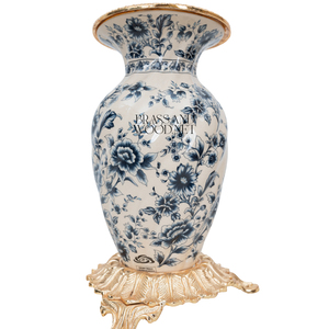 Jarrón de latón dorado de lujo con cuerpo de porcelana Floral, diseño clásico europeo y base dorada decorativa adornada - Product Image 5