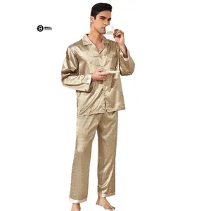 Vestido de noche con diseño impreso personalizado para hombre, conjunto de dos piezas de satén, camisa y pantalón holgados transpirables, conjuntos de ropa de dormir estampados para hombre
