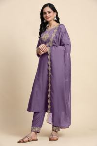Ensemble Kurta Pantalon Anarkali en Organza de Soie Brodé pour Femmes Trendmalls avec Dupatta (G263-Violet Clair) Style Ethnique Salwar - Product Image 3