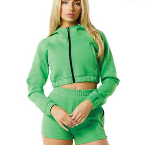 Custom Blank Zipped Waffle Crop Top Knit Sweater and <b>Hoodies</b> Women Y2K Hoody Sweatshirt Woman Zip up Contrast <b>Stitch</b> Boxy Fit - Product Image 2