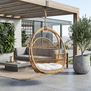 Fauteuil suspendu en rotin naturel Subaliu, chaise balançoire de jardin extérieure Kosovo HC avec coussin en sergé, décoration de patio, design artistique pur - Product Image 3