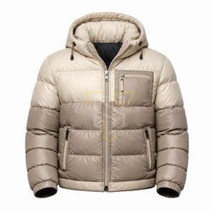 Veste matelassée à capuche beige pour homme, coupe-vent, vêtements décontractés d'hiver, fermeture éclair, rembourrage en fibre de polyester épaisse, coupe régulière - Product Image 1