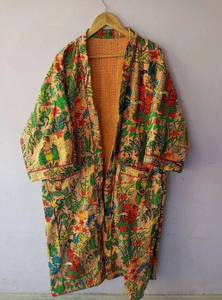 Veste Kimono Réversible en Coton Kantha Unisexe, Robe à Fleurs de Luxe Faite à la Main, Manteau Pêche Tropicale avec Cordon, pour Tenue Décontractée Printemps - Product Image 5