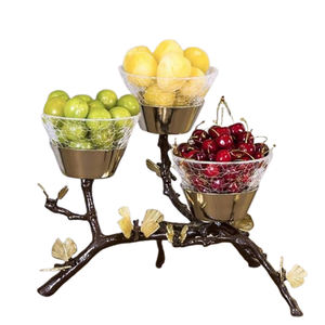 Soporte de aluminio Material de vidrio Diseño de forma de mariposa Cuenco decorativo para servir comida Fruta Junta Tres Cuenco para servir - Product Image 1