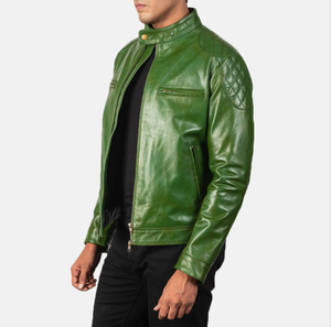 Vestes en cuir pour hommes avec poches personnalisées teintées en vert Veste en cuir à col montant Veste en cuir de moto avec fermeture éclair - Product Image 3