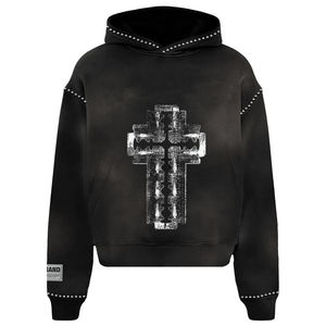 Sweat-shirt à capuche zippé pour homme de haute qualité, en coton French Terry, délavé à l'acide, effet usé, fabrication artisanale, avec patch brodé - Product Image 4