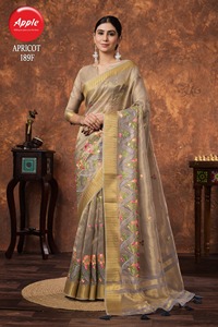 Saree en lin de créateur abricot léger élégant et élégant, parfait pour les fêtes et les mariages - Product Image 2