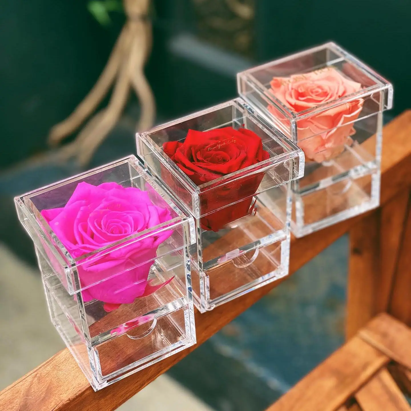 Regalo de Navidad al por mayor eterno estabilizado colorido a granel para siempre flor infinita rosas conservadas individuales en caja acrílica