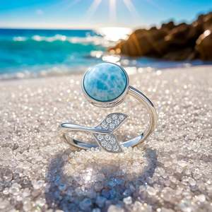 Bague ouverte Jeulia en argent sterling plaqué rhodium avec larimar et pavé en forme de queue de sirène - Product Image 3