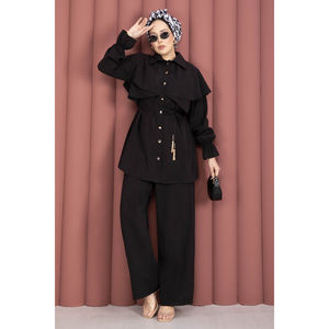 Ensemble tunique et pantalon pour femme, style cape, boutonné, noir, 100% lin crêpe, tailles XS-XXL, ensemble deux pièces - Product Image 3