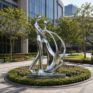 Sculpture de couple dansant en acier inoxydable poli miroir pour hôtel, jardin, place publique et projets d'art public - Product Image 1