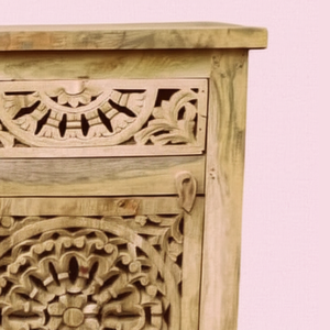 Mandala 1ลิ้นชัก1ประตูโต๊ะข้างเตียงสำหรับห้องนอนอพาร์ตเมนต์ทำจากไม้แท้แบบดั้งเดิมตกแต่งตามธรรมชาติ - Product Image 3