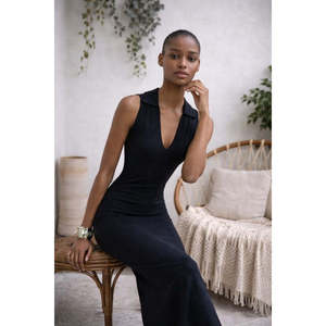 Vestido Largo de Punto Tricot sin Mangas con Cuello en V para Mujer de Jane's - Elegante Vestido Maxi de Color Sólido para Eventos Nocturnos y Ocasiones Especiales - Product Image 2