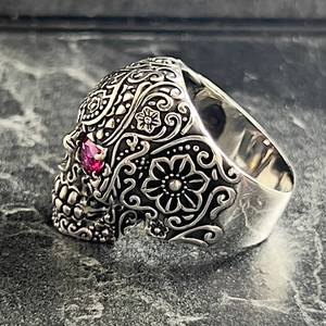Handmade Mexican Gothic Style <b>Silver</b> Flower Roses Skull Jewelry Biker Engraved <b>Ring</b> Floral Gothic <b>Set</b> Gift for Bikers - Product Image 4