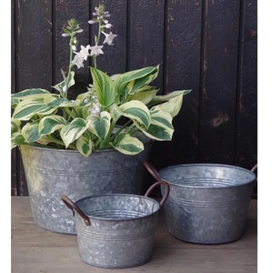 Set Of 3 Iron Galvanized Flower <b>Planters</b> With <b>Wood</b> Handles for Farmhouse <b>Outdoor</b> Garden Decorative Flower <b>Planters</b> - Product Image 5