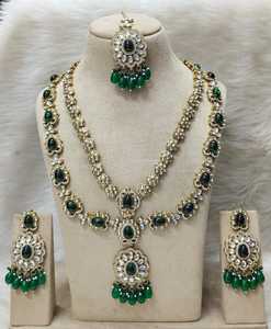 Chapado en oro de doble capa hecho a mano Kundan verde detalle rubí y blanco cuentas gargantilla conjunto de joyas hecho a mano producto a granel - Product Image 4