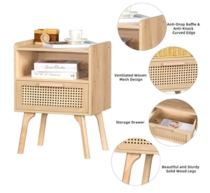 <span class=keywords><strong>Tavolino</strong></span> All'Ingrosso in Stile Bohémien con Cassetto e Ripiano Aperto, <span class=keywords><strong>Comodino</strong></span> con Dettagli in Canna d'India e Gambe in Legno Massello per Arredamento Camera da Letto - Product Image 6