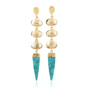 Contemporary jewelry long triangle four sided faceted turquoise & baroque pearl drop earring 18k gold plated statement earrings