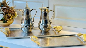 Modern Arabic Serving Tray <b>Set</b> Decorative Leaf Handle Trays Metal Coffee Pot <b>Set</b> Dishwasher <b>Microwave</b> Safe Ramadan Party Home - Product Image 2
