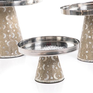 Round Shape Metal Dessert Stand Decorative Mother of Pearl Dates Stand Set of 3 for <b>Ramadan</b> Sweet <b>Chocolate</b> Bowls - Product Image 1