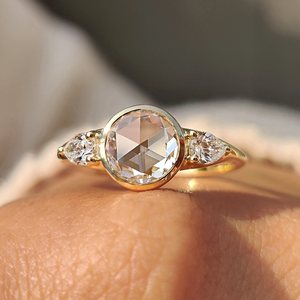 Vintage Oval Rose Cut Diamond Engagement <b>Ring</b> 14K Yellow <b>Gold</b> Bezel <b>Set</b> Three Stone Pear Side Diamond <b>Ring</b> for Women - Product Image 2