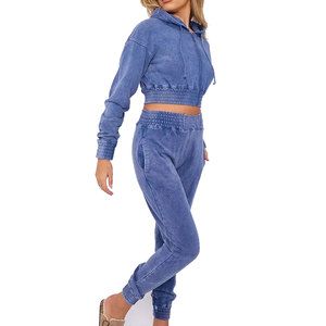 2 Piece <b>Set</b> Acid Wash Casual Tracksuit For Women Comfortable Custom Logo Women Acid Wash Tracksuit Wholesale - Product Image 1