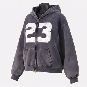 Sudadera con capucha y cremallera completa para mujer, estilo vintage, lavada, con estampado gráfico, de forro polar oversize, con estampado de números, estilo urbano, logotipo personalizado - Product Image 3