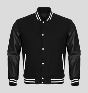 Veste universitaire personnalisée en laine letterman pour hommes en cuir véritable, noire avec patchs et étiquettes de logos brodés de couleur rouge, veste pour hommes - Product Image 1