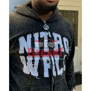 Chándales con cremallera de diamantes de imitación para hombre Logotipos bordados desgastados Chándal acampanado para hombre Chándal lavado con ácido Cremallera personalizada - Product Image 1