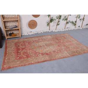 Alfombra turca vintage roja beige 4,6x7,8 FT diseño de retazos de lana de área grande para pasillo o dormitorio con respaldo de látex - Product Image 3