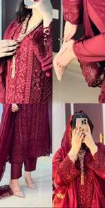 Vestido bordado de color rojo con mangas largas, traje paquistaní de 3 piezas, traje Salwar Kameez, ropa tradicional hecha a mano de diseñador - Product Image 3