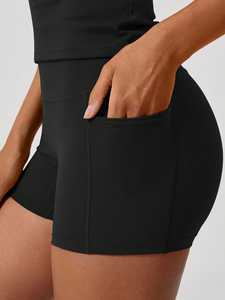 Ensemble de yoga 3 pièces en nylon spandex pour femmes, nouveau style, short legging taille haute, taille moyenne, solide, réversible, grande taille, équipement d'entraînement - Product Image 5