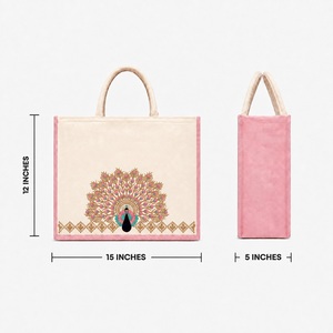 Peacock Motif Embroidered Eco-Friendly Cotton <b>Gift</b> <b>Hamper</b> Tote with Zip 15x12x5 Inch - Product Image 4