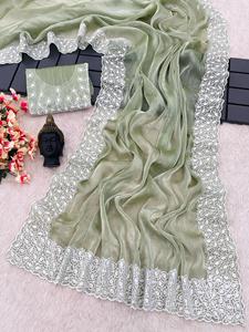 Hermoso Sari de seda de diseñador con hilo de lujo y trabajo de piedra estilo pakistaní para bodas y fiestas Sari - Product Image 6