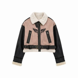 Veste aviateur personnalisée pour femme en faux daim rose et noir avec col en sherpa, veste de motard courte, veste d'hiver chaude de qualité supérieure, veste de pilote - Product Image 1