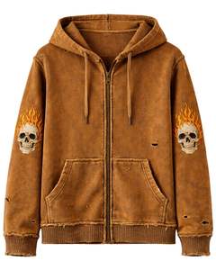 Sweat à capuche zippé marron vieilli avec broderie de crâne enflammé, style streetwear vintage délavé, veste personnalisée pour femme - Product Image 1