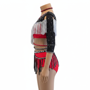 Traje de Baile con Pedrería Roja y Negra para Mujer, Asimétrico con Flecos, Brillante con Cristales, para Actuaciones de Samba Latina - Product Image 4